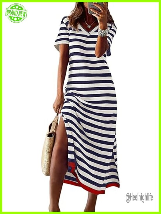 Dresses & Skirts - Short Sleeve Maxi Dress Striped Split Vacation Color Block T Shirt Dress